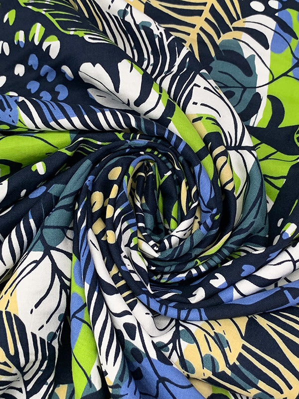 Navy/Lime/White/Cool Blue 100% Rayon Tropical Floral Print Challis 56W