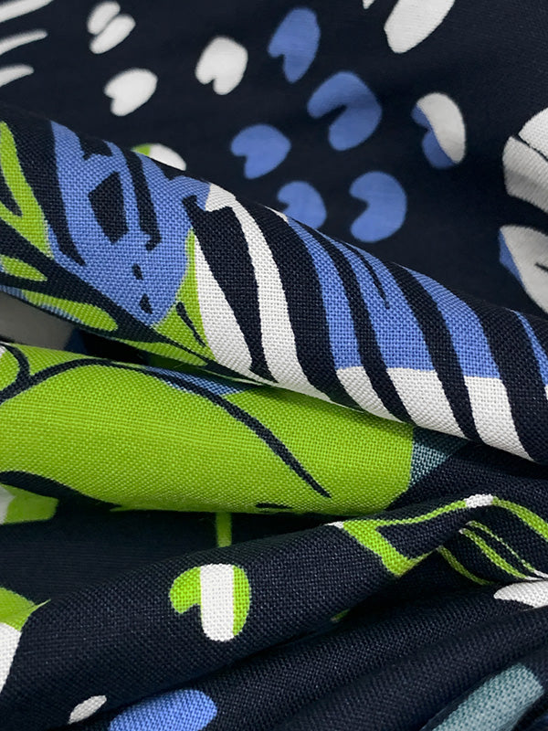 Navy/Lime/White/Cool Blue 100% Rayon Tropical Floral Print Challis 56W