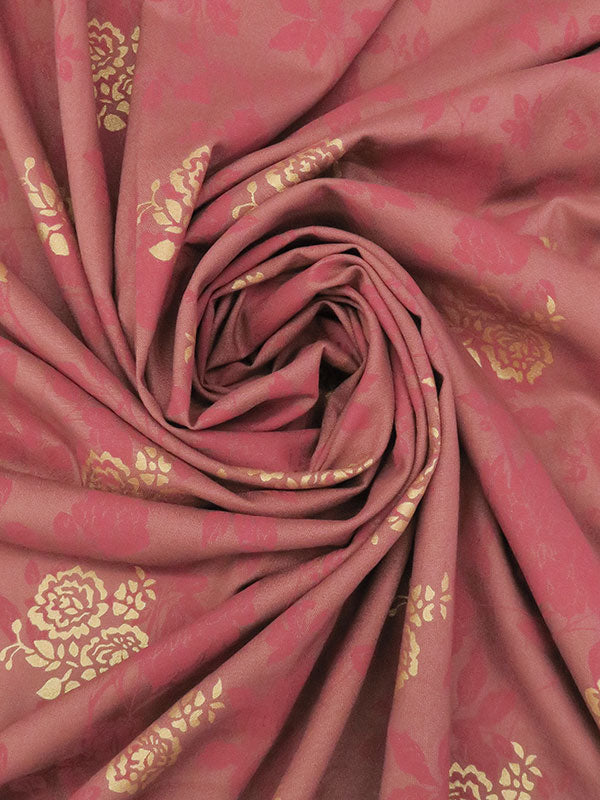 Mauve Rose/Gold/English Red 100% Rayon Floral Foil Print Challis 50W