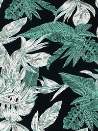 Black/Soft Teal Green/White 100% Cotton Tropical Sketch Floral Print Poplin Shirting 56W