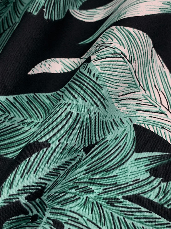 Black/Soft Teal Green/White 100% Cotton Tropical Sketch Floral Print Poplin Shirting 56W