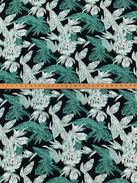 Black/Soft Teal Green/White 100% Cotton Tropical Sketch Floral Print Poplin Shirting 56W