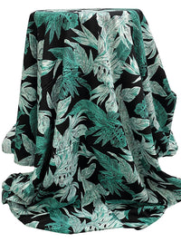 Black/Soft Teal Green/White 100% Cotton Tropical Sketch Floral Print Poplin Shirting 56W