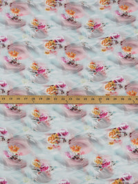 Pale Robin's Egg/Dusty Rose Pink/Tangerine/Multi 100% Rayon Wavy Floral Print Challis 56W