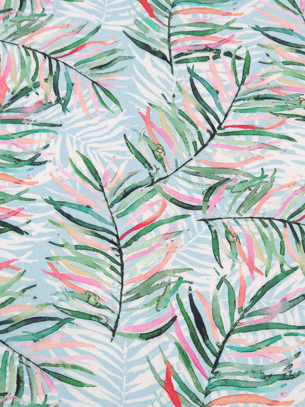 Clover Green/Light Sky Blue/Taffy Pink/Multi 100% Rayon Overlapping Watercolor Foliage Print Challis 56W