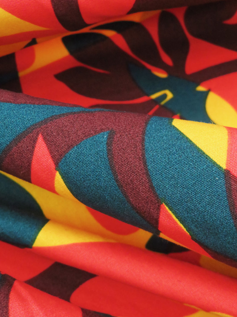 Scarlet/Dark Jungle Green/Marigold/Burnt Plum 100% Cotton Overlapping Tropical Print Poplin Shirting 58W