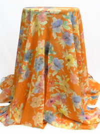 Tangerine/Moody Blue/Soft Jade Green/Multi 100% Rayon Watercolor Floral Print Georgette 48W