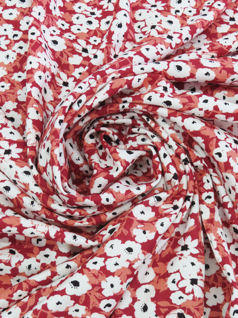 Deep Carmine/Terracotta Peach/White/Black 100% Rayon Floral Print Challis 54W