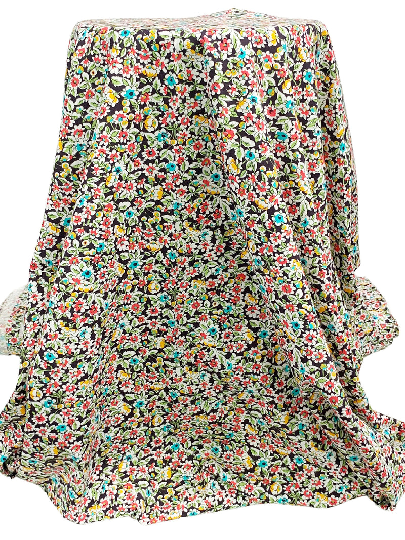 Turquoise Surf/Fiery Rose/Mango/Black/White 100% Cotton Floral Print Poplin Shirting 58W