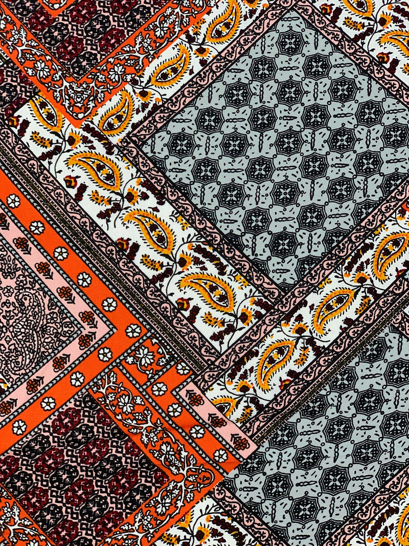 Flame/Ash Gray/White/Multi 100% Rayon Ornate Floral Paisley Print Challis 54W