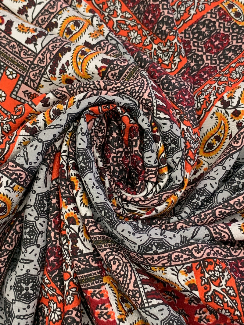 Flame/Ash Gray/White/Multi 100% Rayon Ornate Floral Paisley Print Challis 54W