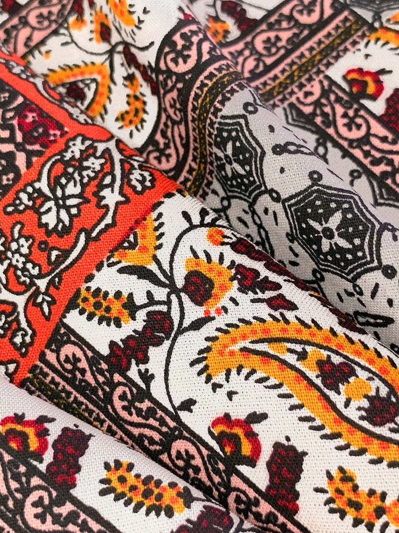 Flame/Ash Gray/White/Multi 100% Rayon Ornate Floral Paisley Print Challis 54W