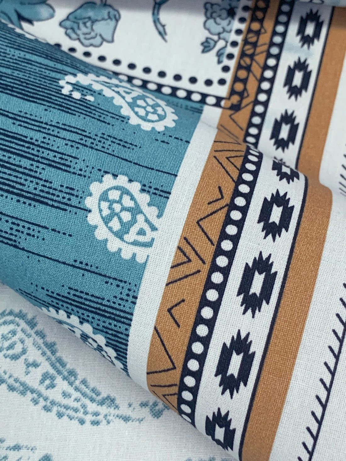 Teal Blue/Palest Robin Egg Blue/Bronze 100% Cotton Paisley & Floral Framework Print Poplin Shirting 56W