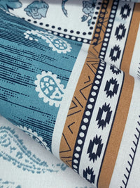 Teal Blue/Palest Robin Egg Blue/Bronze 100% Cotton Paisley & Floral Framework Print Poplin Shirting 56W