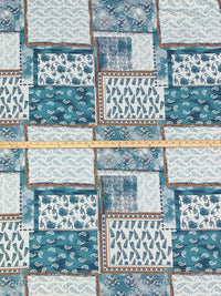 Teal Blue/Palest Robin Egg Blue/Bronze 100% Cotton Paisley & Floral Framework Print Poplin Shirting 56W