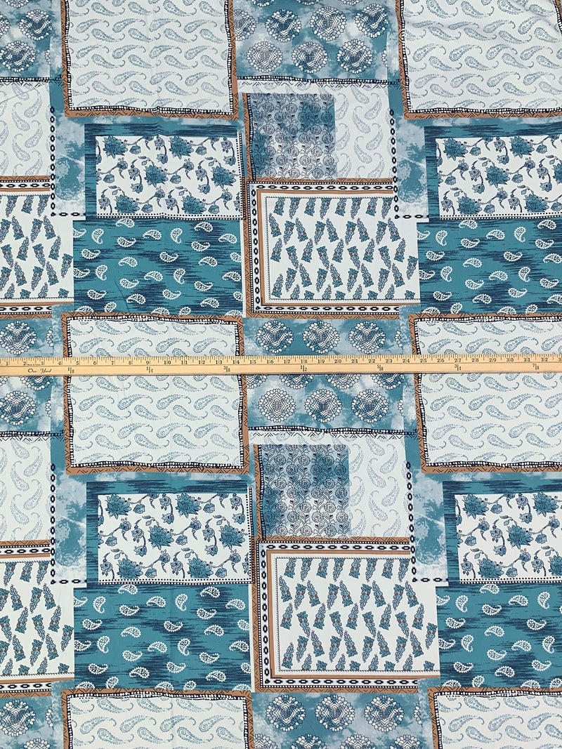 Teal Blue/Palest Robin Egg Blue/Bronze 100% Cotton Paisley & Floral Framework Print Poplin Shirting 56W