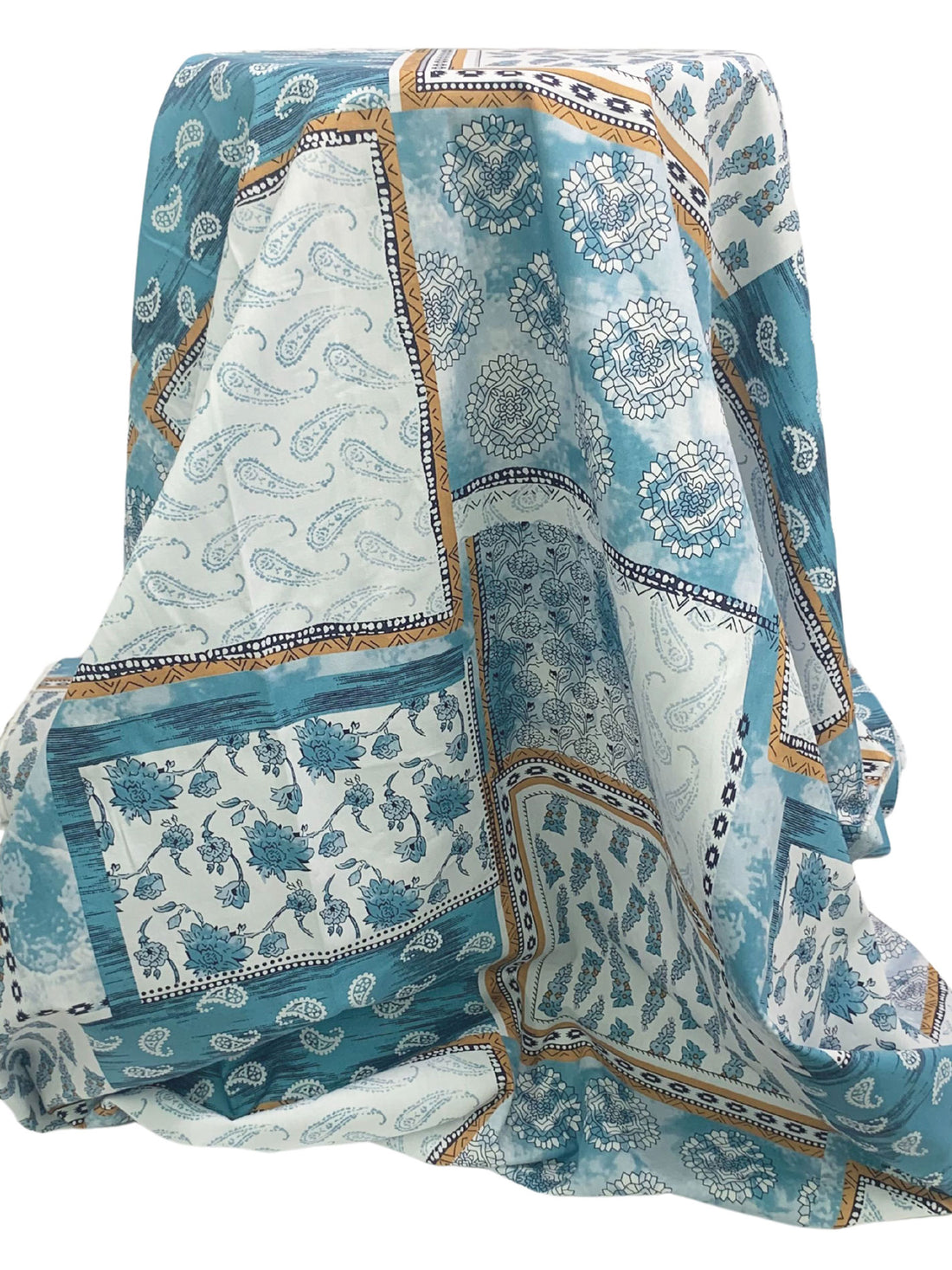 Teal Blue/Palest Robin Egg Blue/Bronze 100% Cotton Paisley & Floral Framework Print Poplin Shirting 56W