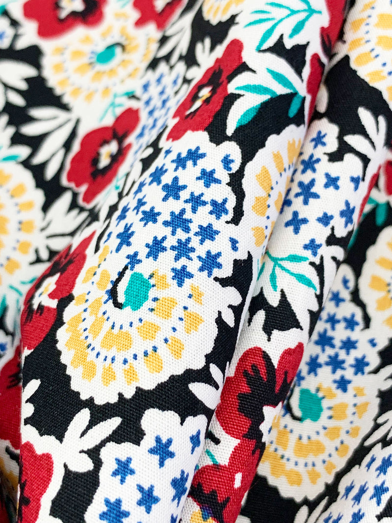 Crimson Red/Dark Cornflower Blue/White/Black 100% Cotton Floral Print Poplin Shirting 56W