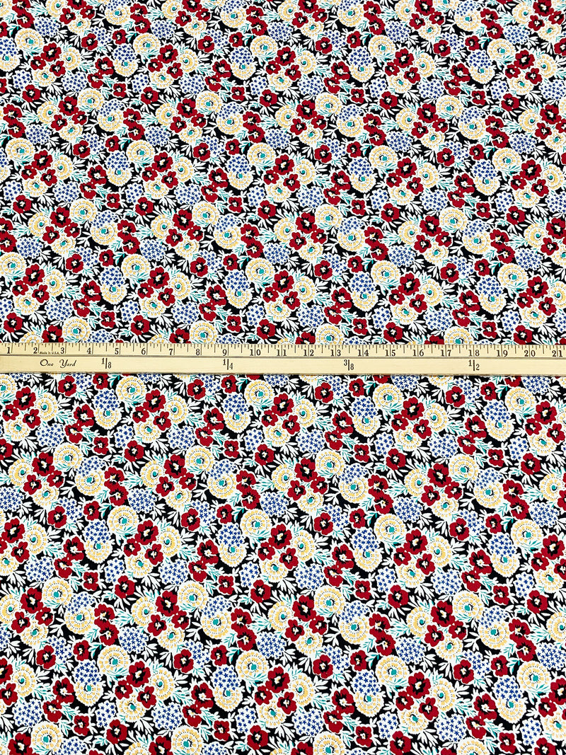 Crimson Red/Dark Cornflower Blue/White/Black 100% Cotton Floral Print Poplin Shirting 56W