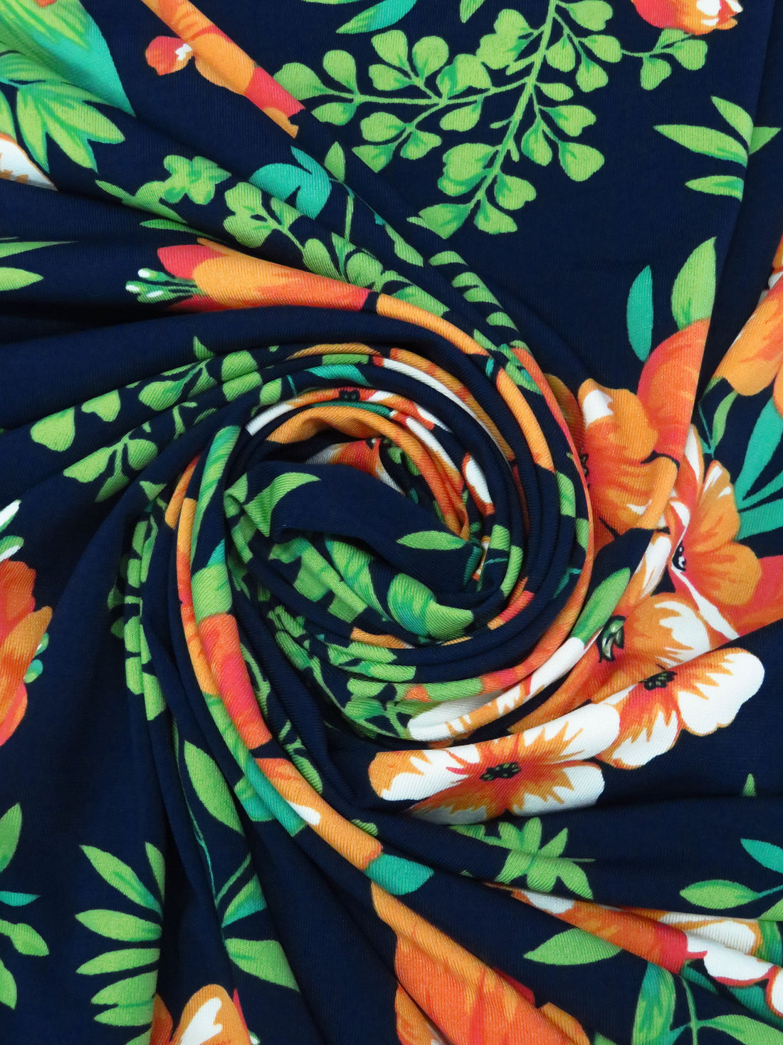 Muted Dark Navy/Orange Soda/Kiwi/Multi Polyester/Lycra Floral Print ITY Knit - NY Designer - 58W