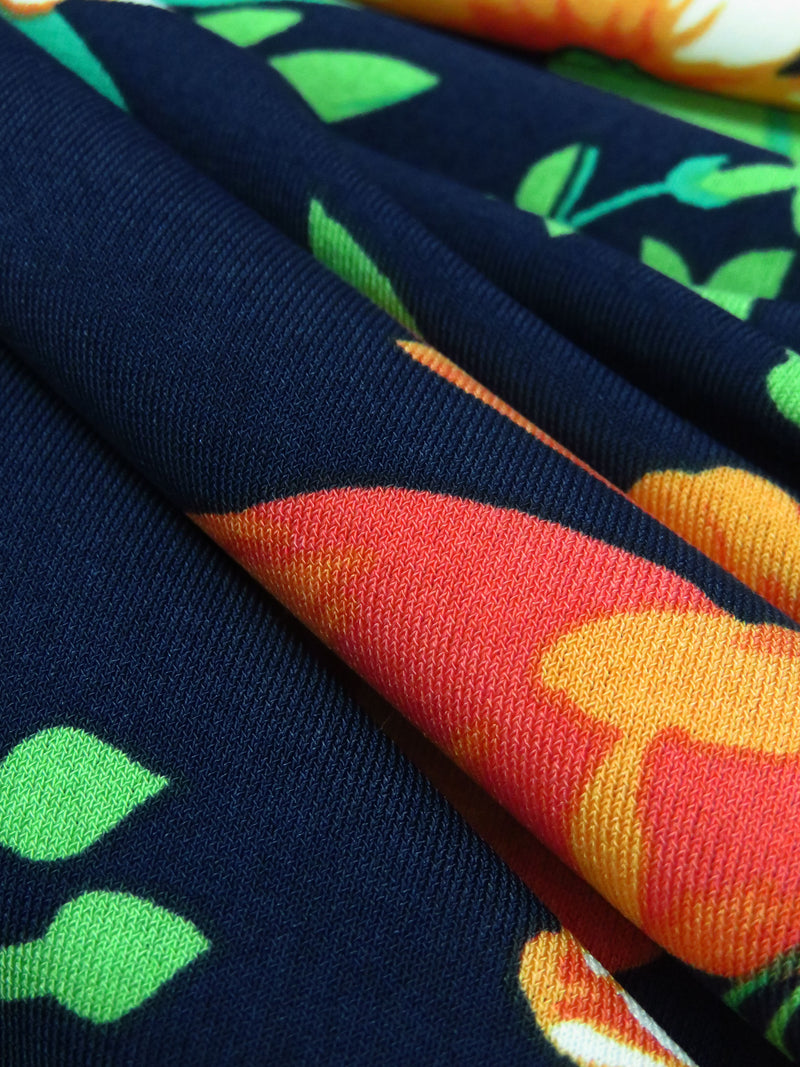 Muted Dark Navy/Orange Soda/Kiwi/Multi Polyester/Lycra Floral Print ITY Knit - NY Designer - 58W