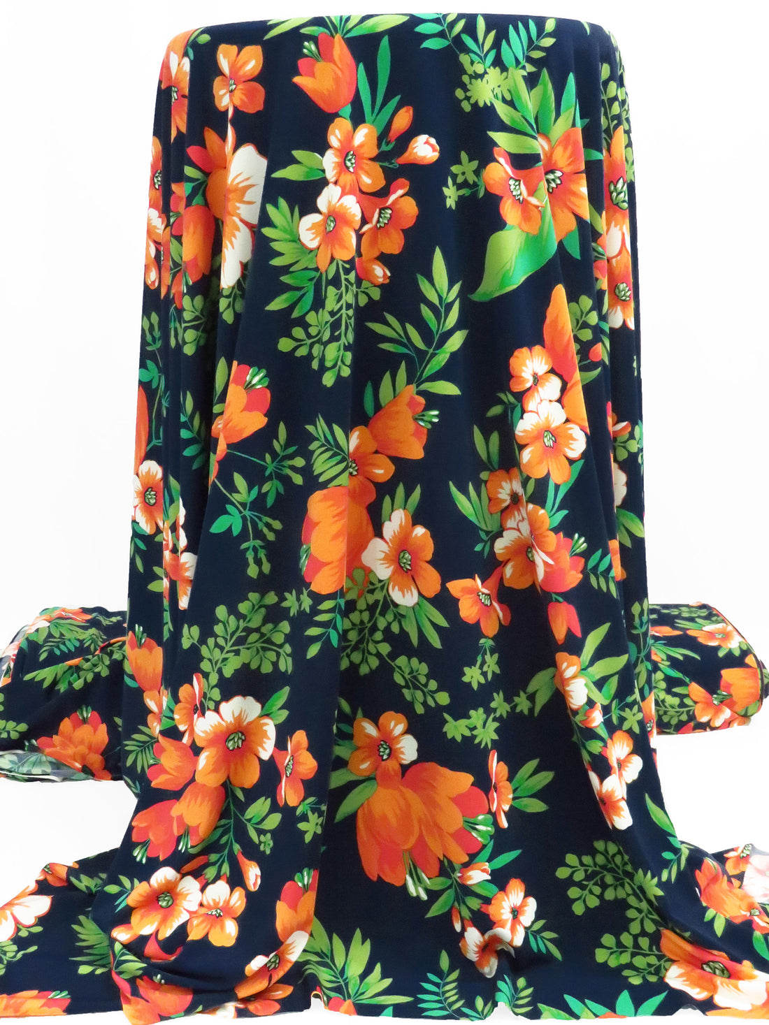 Muted Dark Navy/Orange Soda/Kiwi/Multi Polyester/Lycra Floral Print ITY Knit - NY Designer - 58W