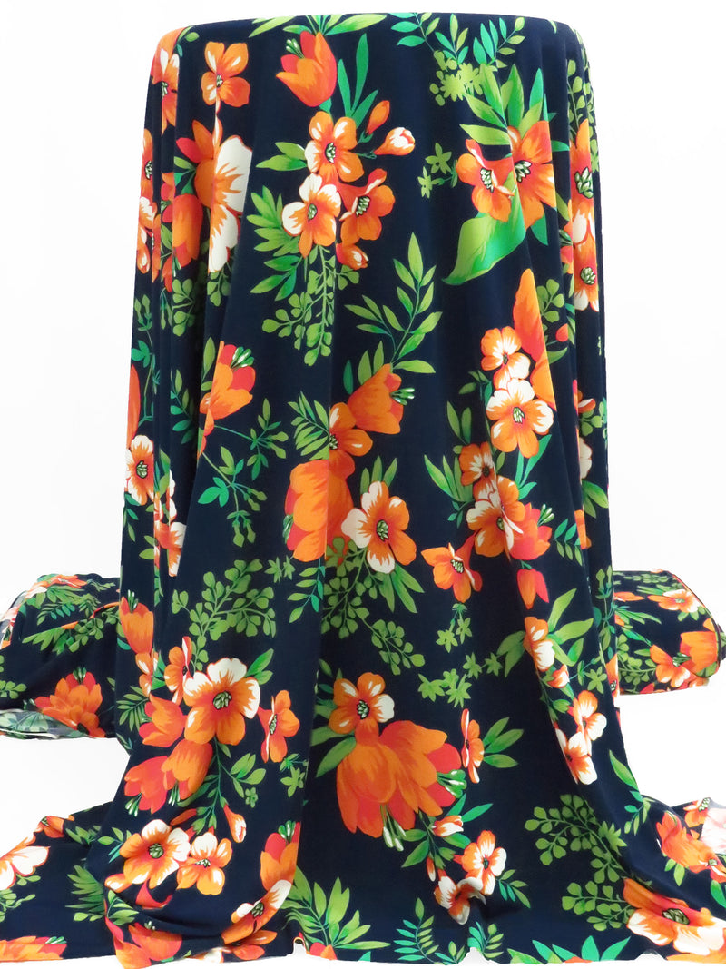 Muted Dark Navy/Orange Soda/Kiwi/Multi Polyester/Lycra Floral Print ITY Knit - NY Designer - 58W