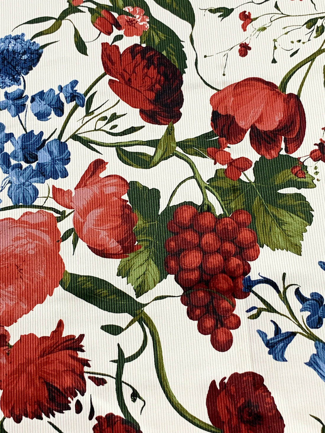 Off-White/Deep Autumn Red/Dark Cerulean/Multi Cotton/Modal/Lycra Berry Floral Print Stretch Corduroy - NY Designer - 51W