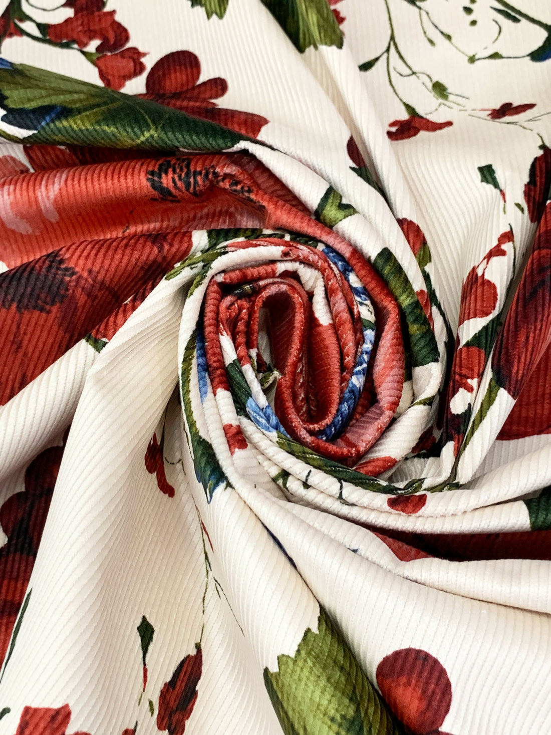 Off-White/Deep Autumn Red/Dark Cerulean/Multi Cotton/Modal/Lycra Berry Floral Print Stretch Corduroy - NY Designer - 51W