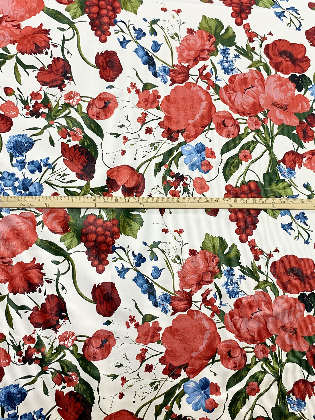 Off-White/Deep Autumn Red/Dark Cerulean/Multi Cotton/Modal/Lycra Berry Floral Print Stretch Corduroy - NY Designer - 51W
