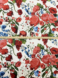 Off-White/Deep Autumn Red/Dark Cerulean/Multi Cotton/Modal/Lycra Berry Floral Print Stretch Corduroy - NY Designer - 51W
