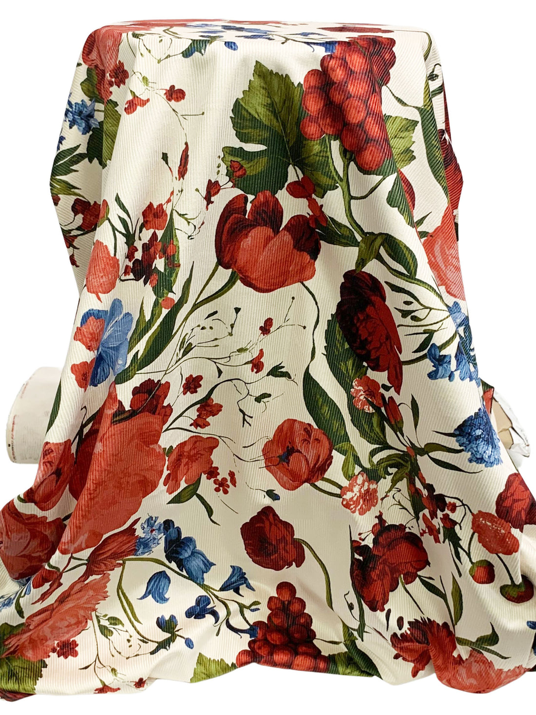 Off-White/Deep Autumn Red/Dark Cerulean/Multi Cotton/Modal/Lycra Berry Floral Print Stretch Corduroy - NY Designer - 51W