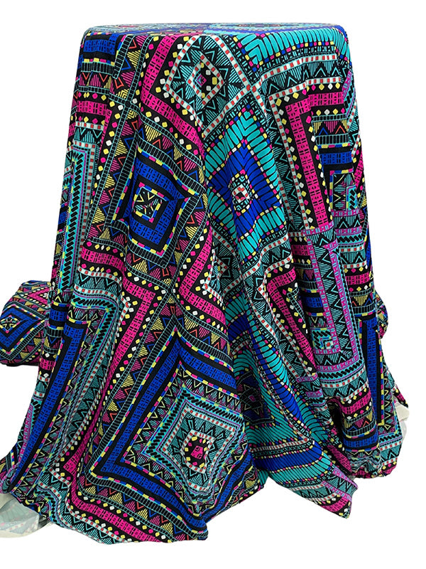 SOLD BY THE PANEL ONLY - Medium Blue/Black/Maize/Cerise Pink Nylon/Lycra Ornate Zig Zag Print Swimwear/Activewear Knit 58W