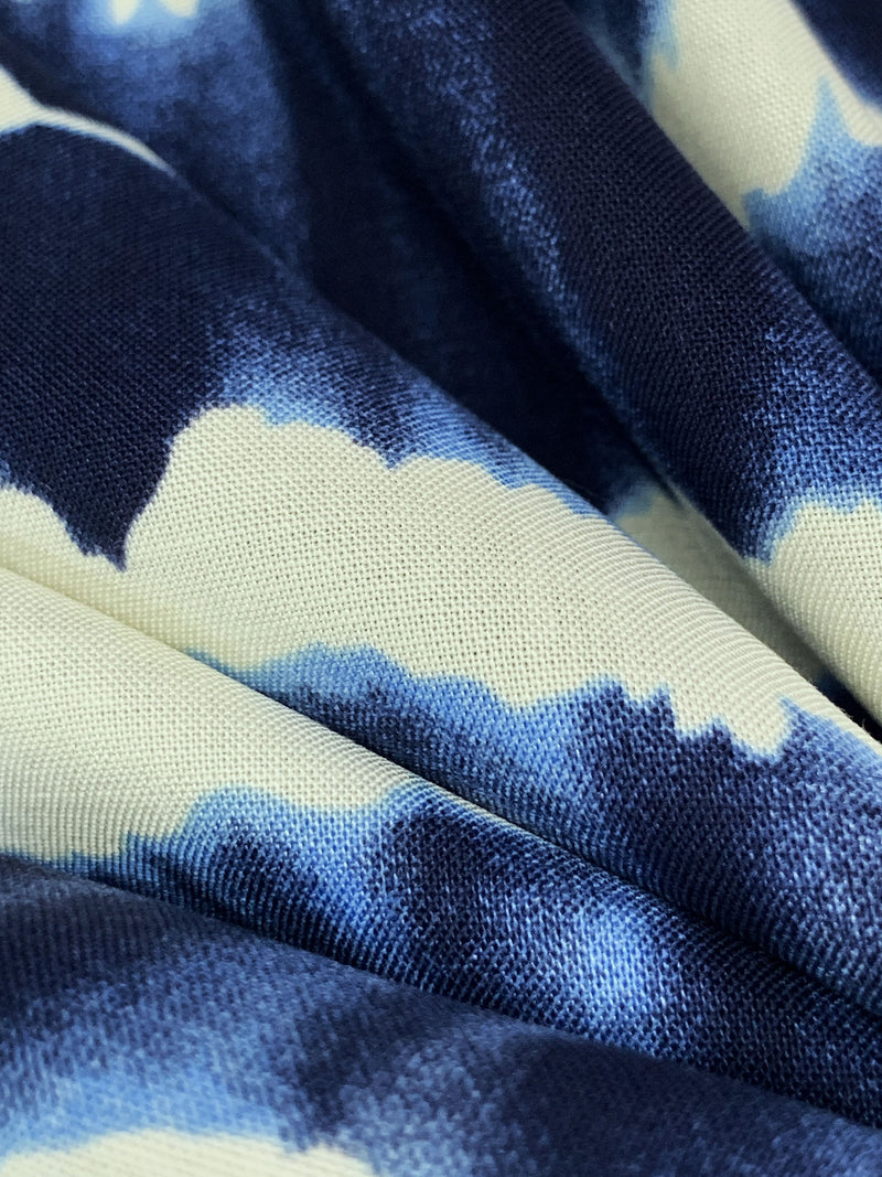 Navy/Cream/Cyan Azure 100% Rayon Abstract Streaks Print Challis 54W