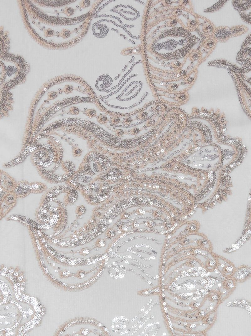 Dusty Pink/Silver/Ghost White 100% Polyester Ornate Floral Damask Embroidered Netting With Sequins - NY Designer - 53W