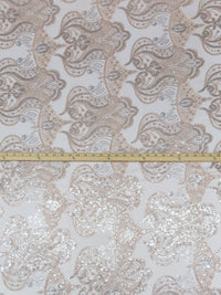 Dusty Pink/Silver/Ghost White 100% Polyester Ornate Floral Damask Embroidered Netting With Sequins - NY Designer - 53W