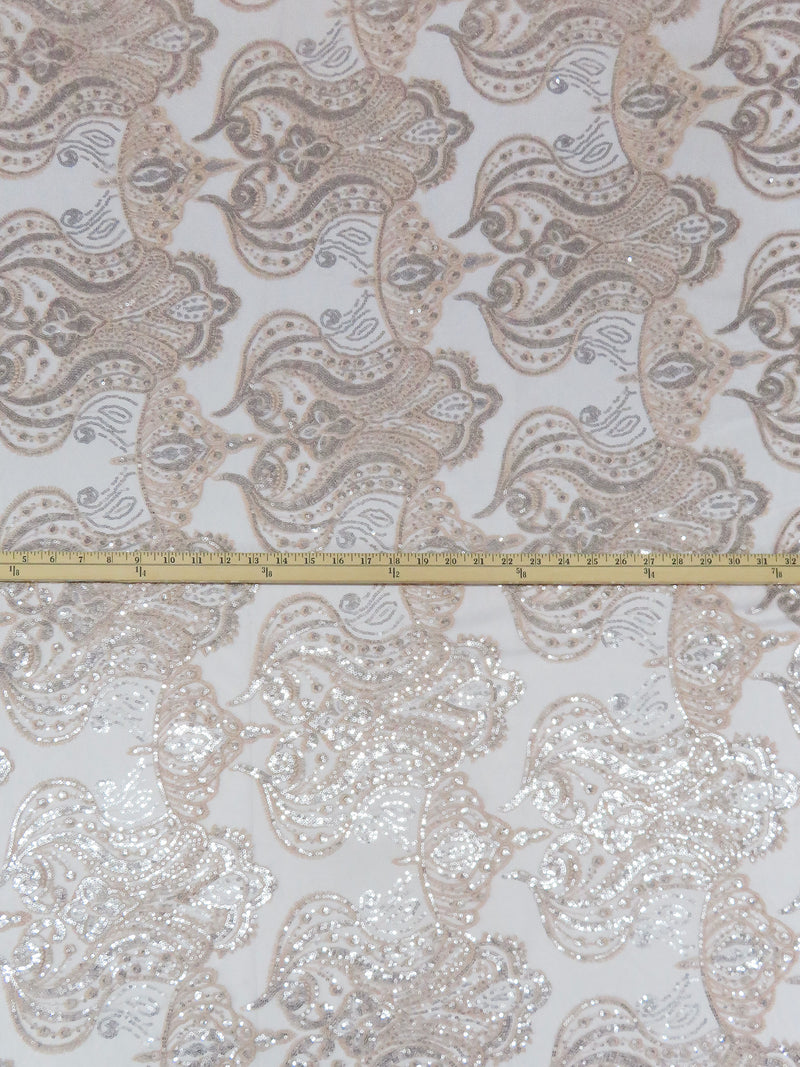 Dusty Pink/Silver/Ghost White 100% Polyester Ornate Floral Damask Embroidered Netting With Sequins - NY Designer - 53W