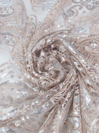 Dusty Pink/Silver/Ghost White 100% Polyester Ornate Floral Damask Embroidered Netting With Sequins - NY Designer - 53W