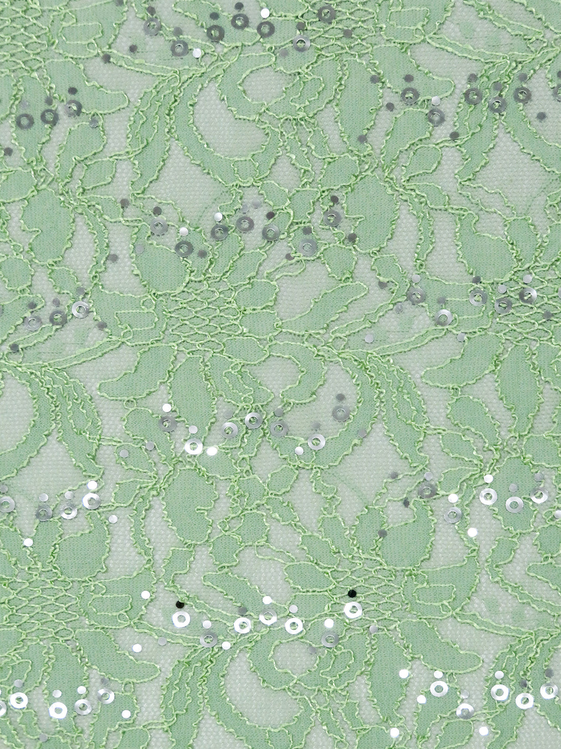 Celadon Green/Silver 100% Polyester Double Scalloped Border Floral Curly Corded Sequined Lace - NY Designer - 49W