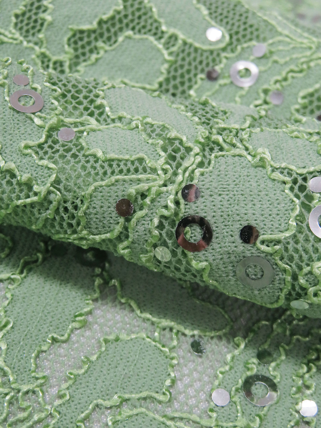 Celadon Green/Silver 100% Polyester Double Scalloped Border Floral Curly Corded Sequined Lace - NY Designer - 49W