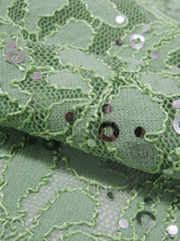 Celadon Green/Silver 100% Polyester Double Scalloped Border Floral Curly Corded Sequined Lace - NY Designer - 49W