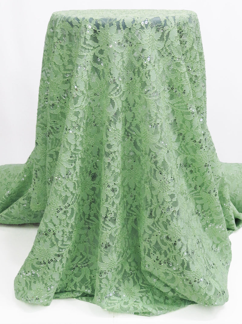 Celadon Green/Silver 100% Polyester Double Scalloped Border Floral Curly Corded Sequined Lace - NY Designer - 49W