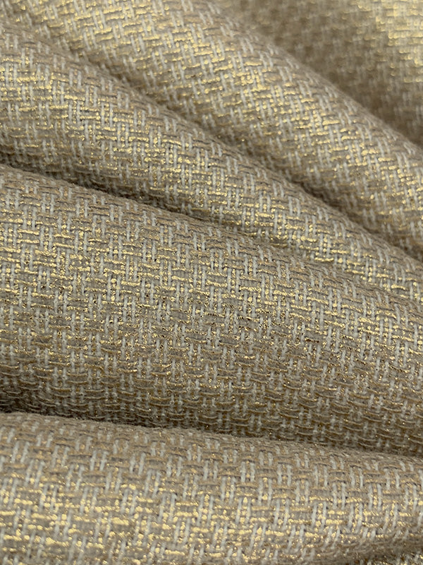 Taupe Tan/Gold/Off-White 100% Polyester Foil Printed Basket Weave Suiting - NY Designer - 58W