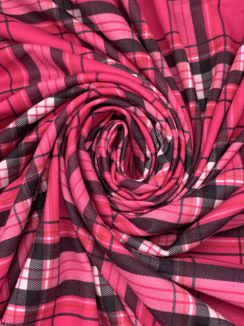 French Rose Pink/Black/White/Coral Polyester/Lycra Plaid Print Brushed Jersey Knit 57W