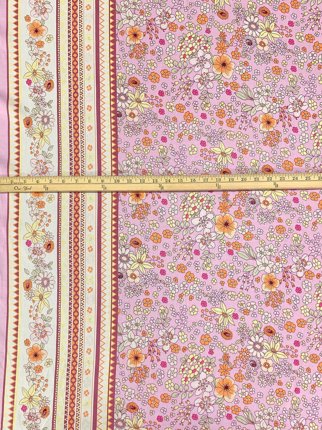 Orchid Pink/Royal Orange/Multi 100% Rayon Double Border Floral Print Challis 56W