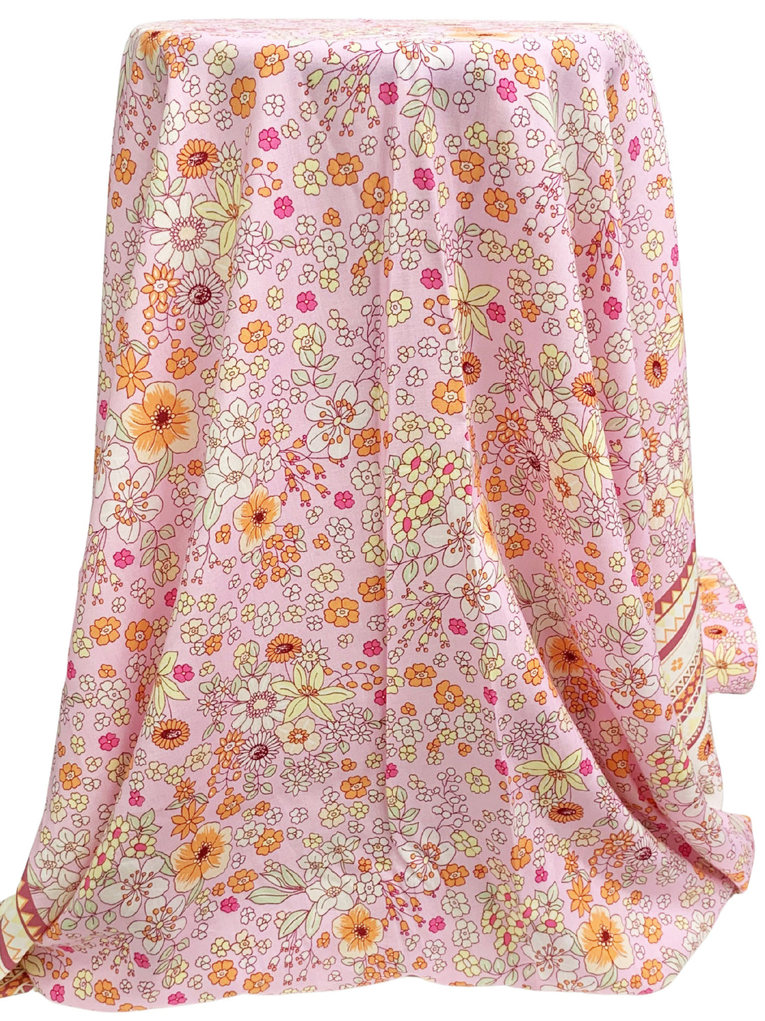 Orchid Pink/Royal Orange/Multi 100% Rayon Double Border Floral Print Challis 56W