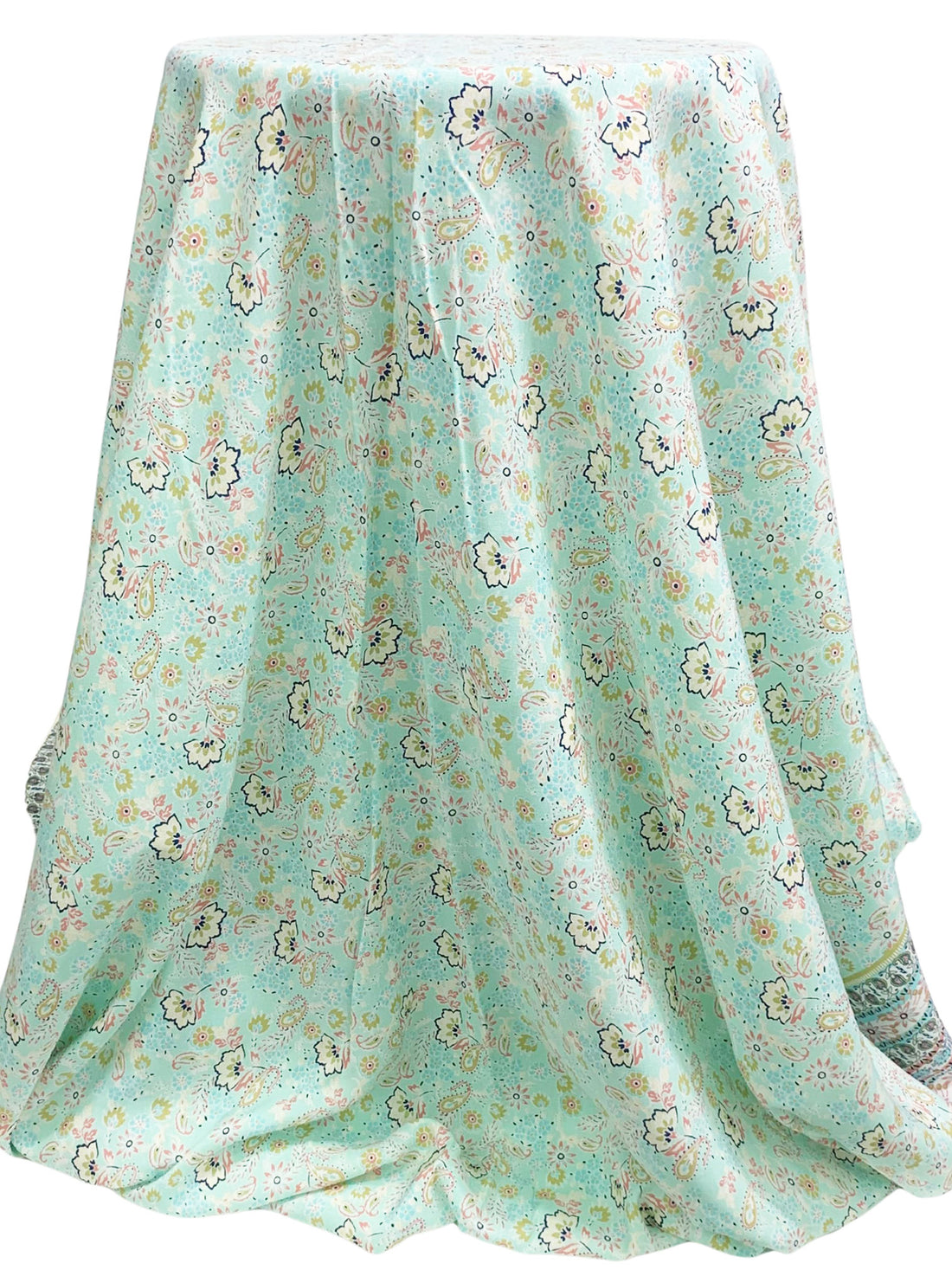 Mint/Dark Salmon/Prussian Blue/Multi 100% Rayon Double Border Floral Print Challis 55W