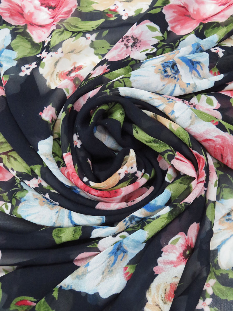 Navy Blue/Cherry Pink/Sage Green/Multi 100% Polyester Large Floral Print Chiffon - NY Designer - 60W