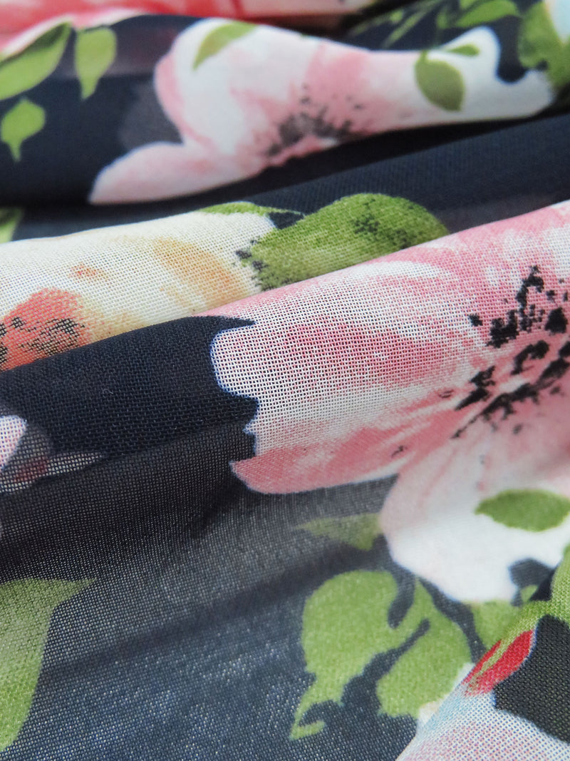 Navy Blue/Cherry Pink/Sage Green/Multi 100% Polyester Large Floral Print Chiffon - NY Designer - 60W