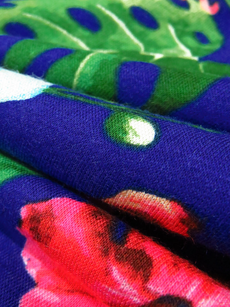 Phthalo Blue/Kelly Green/French Rose/Multi Rayon/Lycra Large Tropical Print Jersey Knit 58W